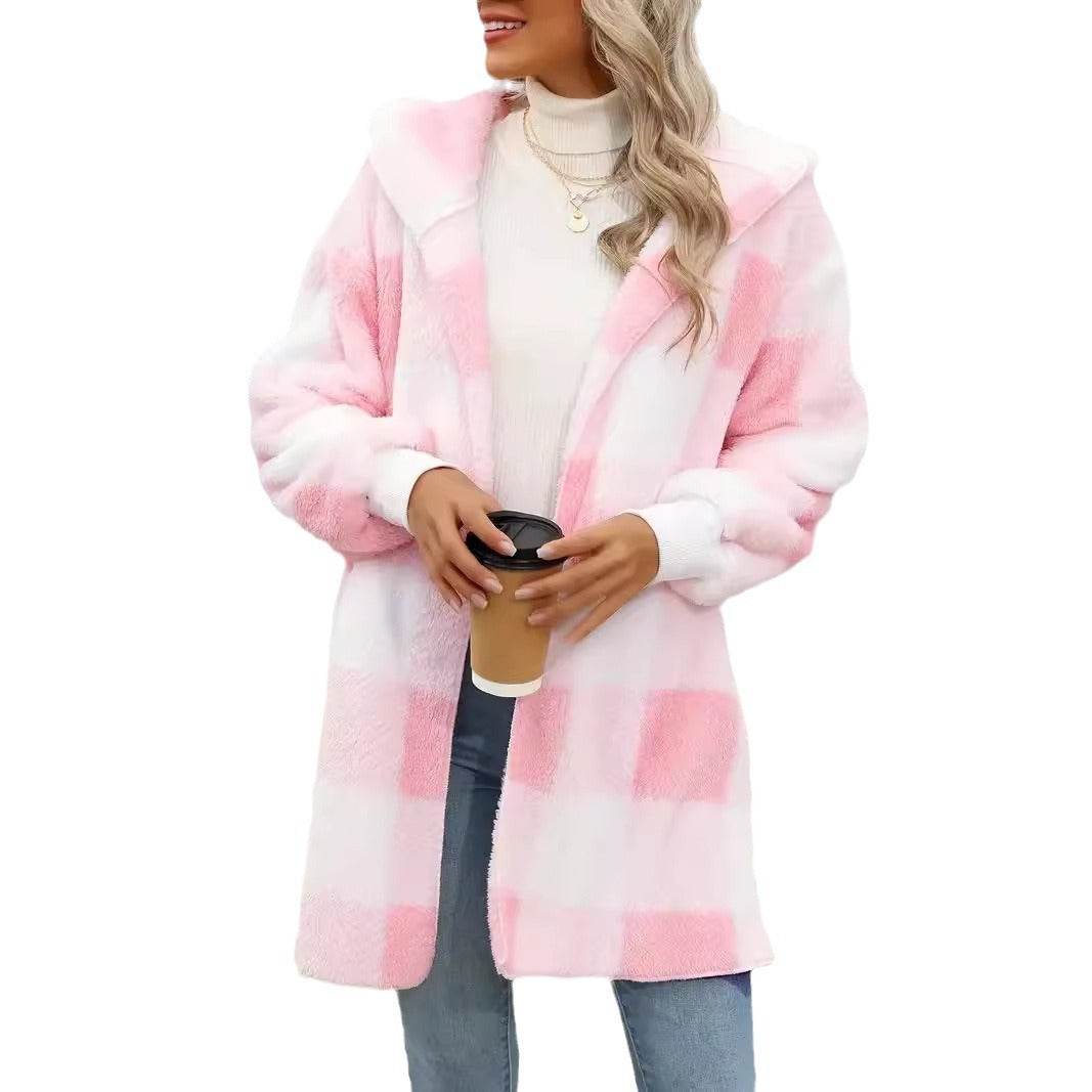 Fashion Special Women's Plaid Plush Coat - Stylish Pink, Black, Red Options - Buy Center