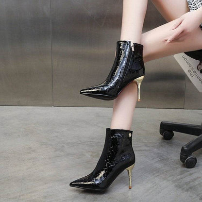 Stone Pointed Patent Leather Stiletto Boots - Waterproof Mid Heel Style - Buy Center