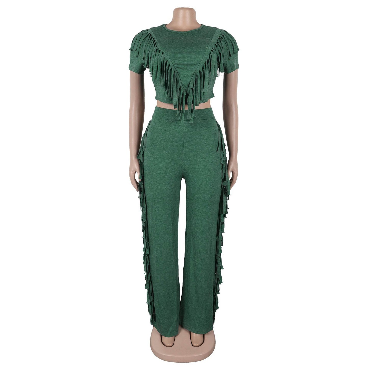 Buycenter Casual Tassel Top Wide Leg Pants Suit - Solid Color Set - Buy Center