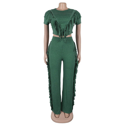 Buycenter Casual Tassel Top Wide Leg Pants Suit - Solid Color Set - Buy Center