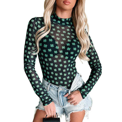 Clover Print See-Through Jumpsuit - Trendy Slim Fit European Fashion - Buy Center