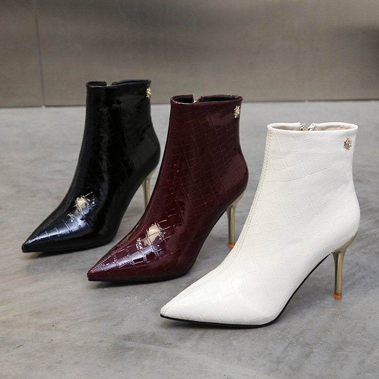 Stone Pointed Patent Leather Stiletto Boots - Waterproof Mid Heel Style - Buy Center