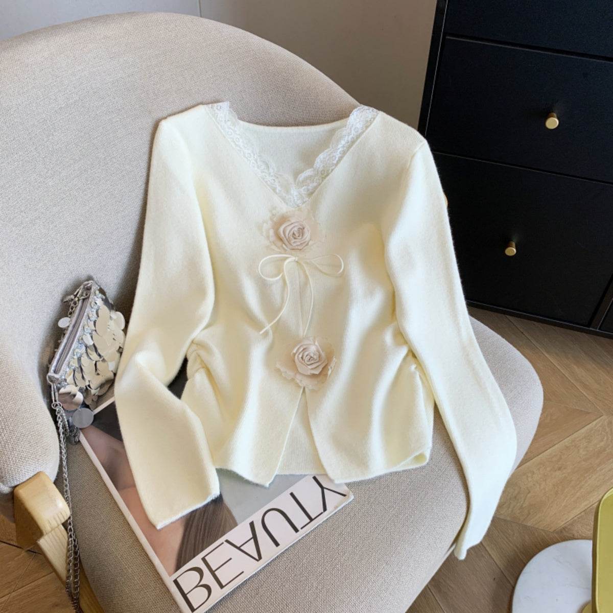 Buycenter Women's Lace V-neck Long Sleeve Knitwear - Slim Fit Pullover - Buy Center