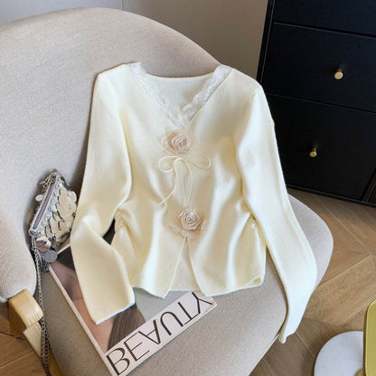 Buycenter Women's Lace V-neck Long Sleeve Knitwear - Slim Fit Pullover - Buy Center