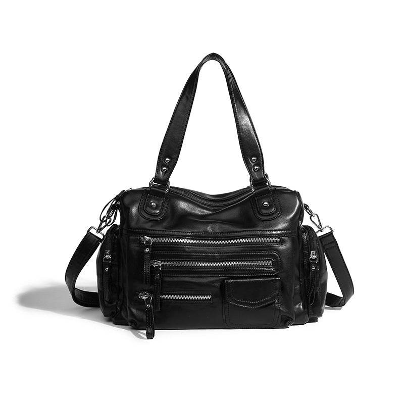 Fashion Black Vintage Zipper Motorcycle Bag - Chic Crossbody Backpack - Buy Center