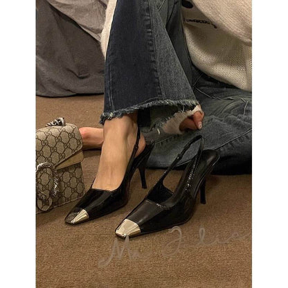 Women's Metal Square Toe Sandals - Stylish Black Design, Fine Heel - Buy Center