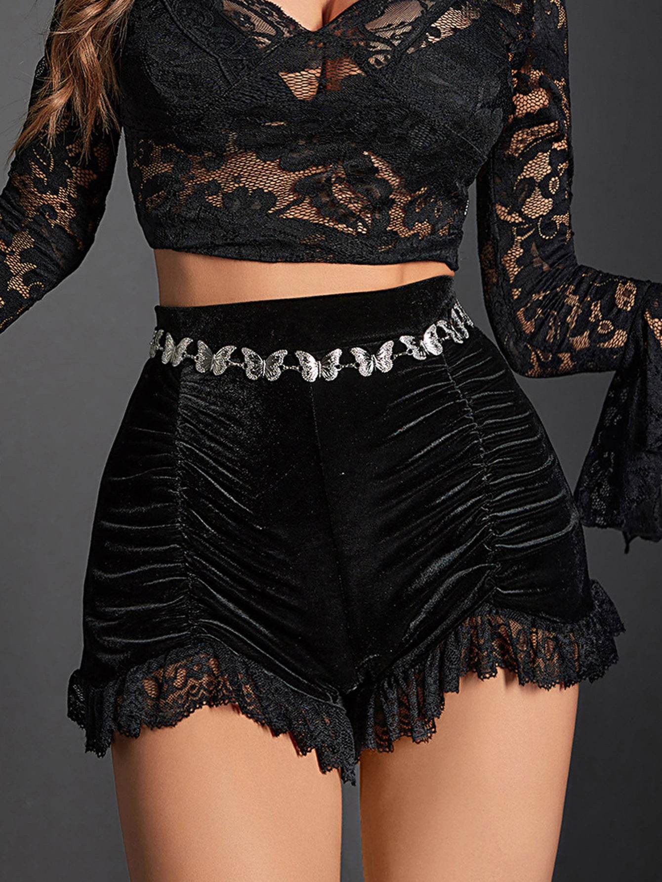 Buycenter High Waist Velvet Pleated Shorts - Dark Gothic Fashion for Women - Buy Center