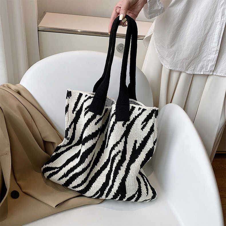 Large Capacity Zebra Pattern Tote Bag - Stylish Knitted Design for Women - Buy Center