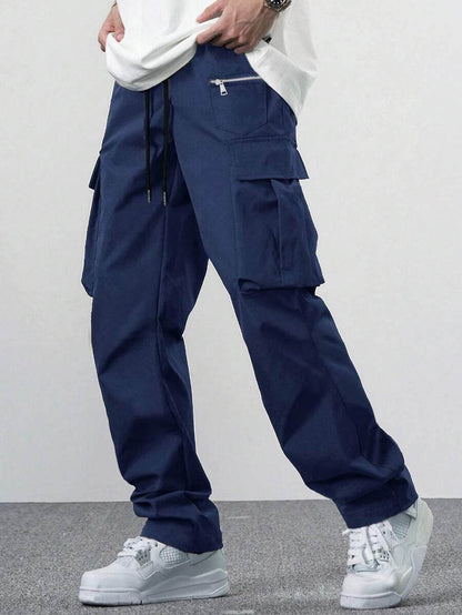 Casual Multi-Pocket Men's Overalls - Solid Color & Mid-Waist Style - Buy Center