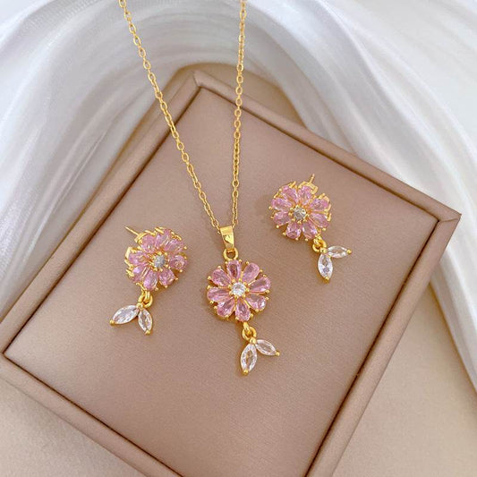 Buy Center Light Luxury Necklace & Earrings Set - Full Diamond Floral Design - Buy Center