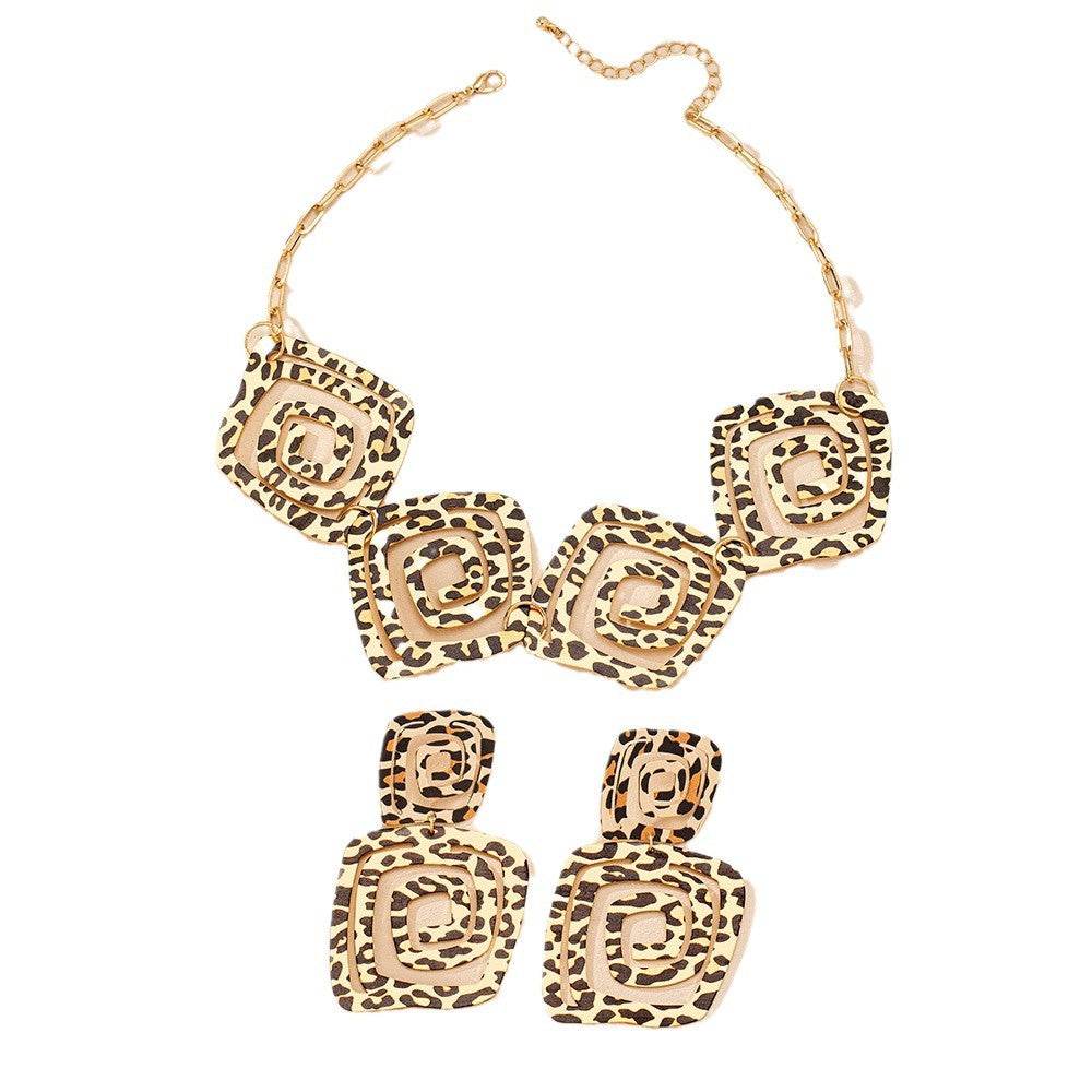 Geometric Leopard Print Jewelry Set - Trendy Spiral Earrings & Necklace - Buy Center
