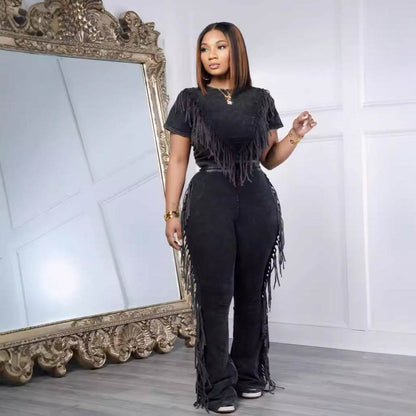 Buycenter Casual Tassel Top Wide Leg Pants Suit - Solid Color Set - Buy Center