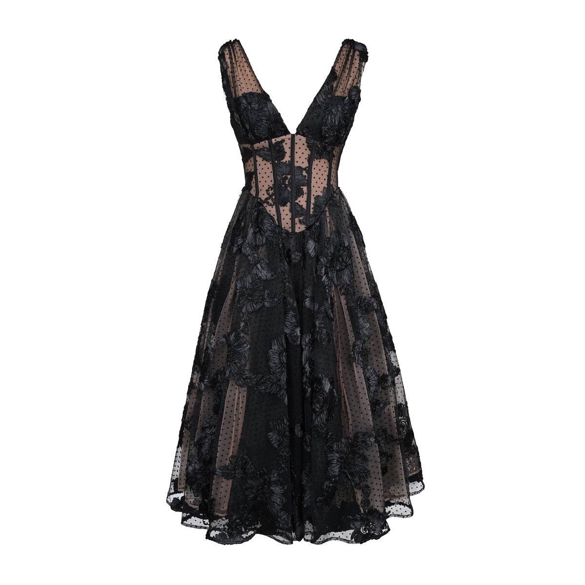 Buycenter Black Deep V-Neck A-Line Evening Dress - High-End Lace Design - Buy Center