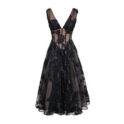 Buycenter Black Deep V-Neck A-Line Evening Dress - High-End Lace Design - Buy Center