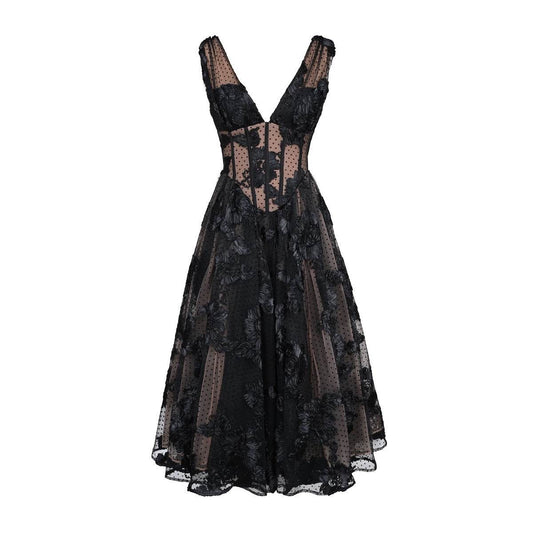Buycenter Black Deep V-Neck A-Line Evening Dress - High-End Lace Design - Buy Center