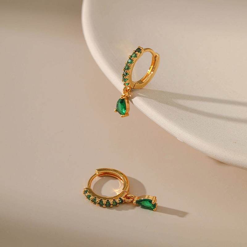 Vintage 18K Gold Circle Earrings with Emerald - Elegant Drop Style - Buy Center