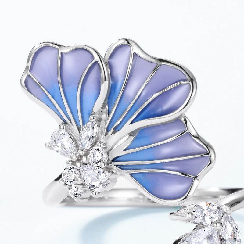 Women's Gradient Oil Dripping Petal Ring - Elegant Silver Flower Design - Buy Center