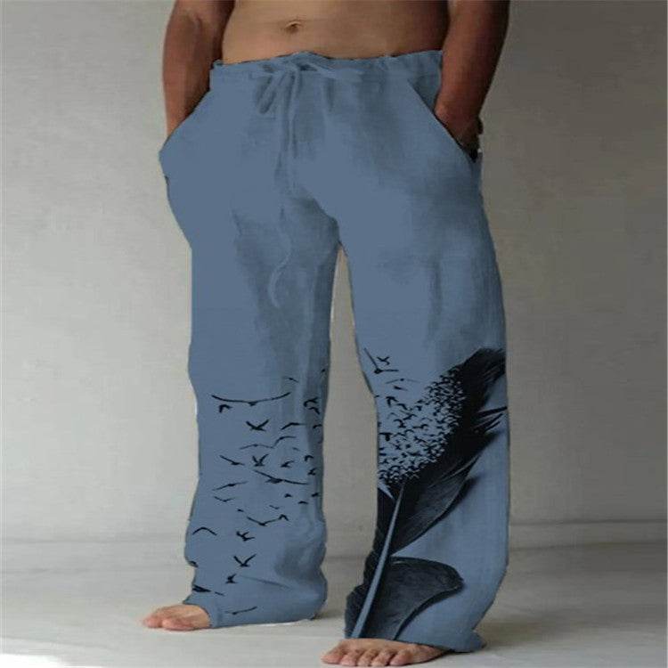Men's Cotton Linen Printed Drawstring Trousers - Stylish Comfortable Fit - Buy Center