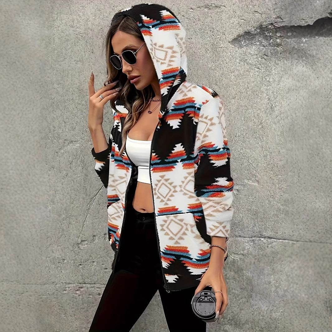 Buycenter Female Rhombus Color Contrast Fleece Coat - Stylish National Style - Buy Center