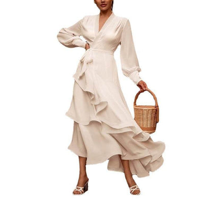 Elegant Deep V Long Dress - Solid Color Flounced Skirt for Ladies - Buy Center