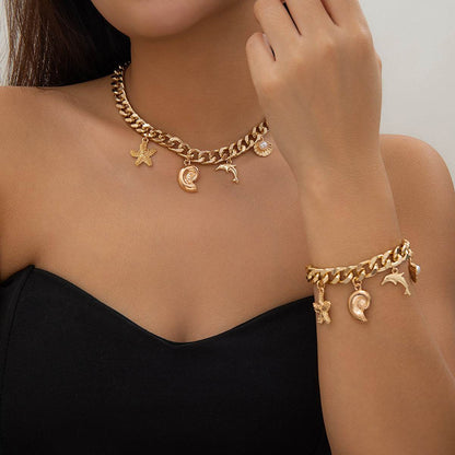 Boho Dolphin Starfish Choker Necklace & Bracelet Set - Trendy Vintage Style - Buy Center