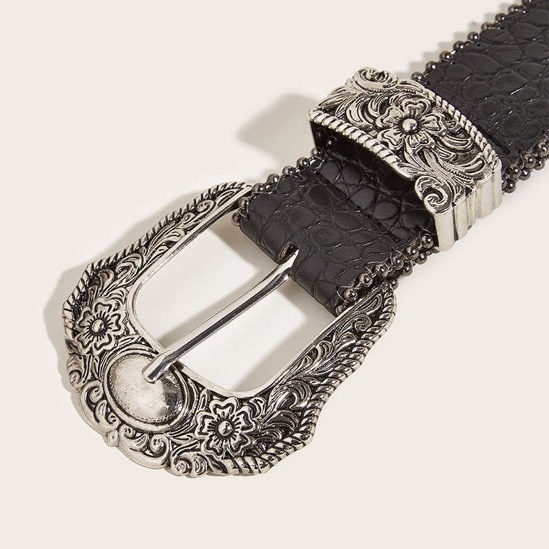 American Retro Ladies Buckle Belt - Vintage Engraved Design, Gun Color - Buy Center