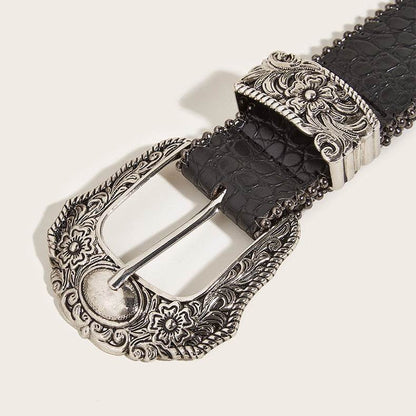 American Retro Ladies Buckle Belt - Vintage Engraved Design, Gun Color - Buy Center