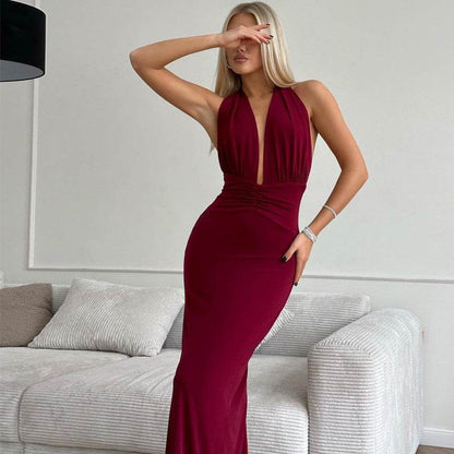 Buycenter Women's V-neck Halter Dress - Backless High Waist Style - Buy Center