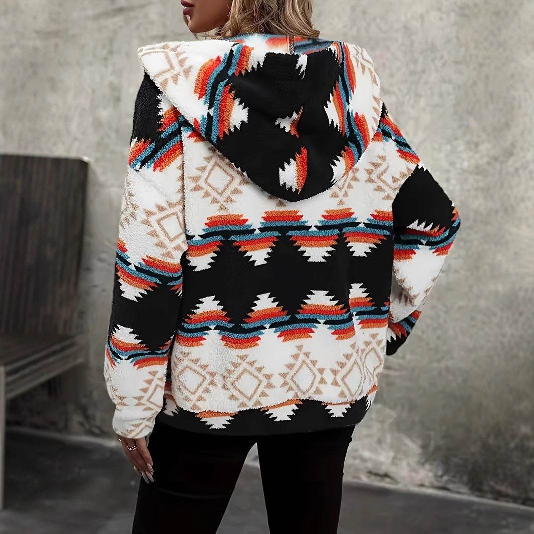 Buycenter Female Rhombus Color Contrast Fleece Coat - Stylish National Style - Buy Center