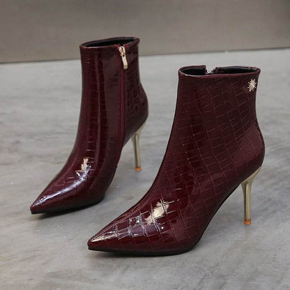 Stone Pointed Patent Leather Stiletto Boots - Waterproof Mid Heel Style - Buy Center
