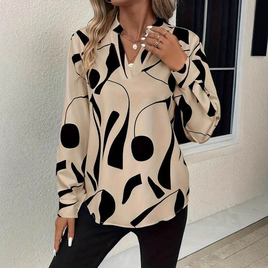 Buycenter Women's Notched Collar Long Sleeve Shirt - Printed Blouse - Buy Center
