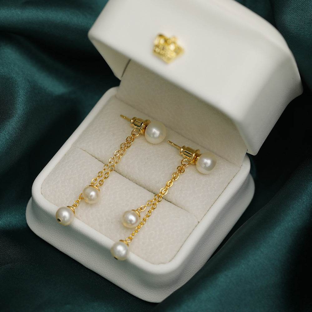 Natural Pearl Long Tassel Earrings - 14K Gold Accent, Korean Style - Buy Center