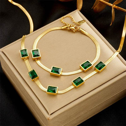 Elegant Green Zircon Titanium Steel Necklace & Bracelet Set for Women - Buy Center
