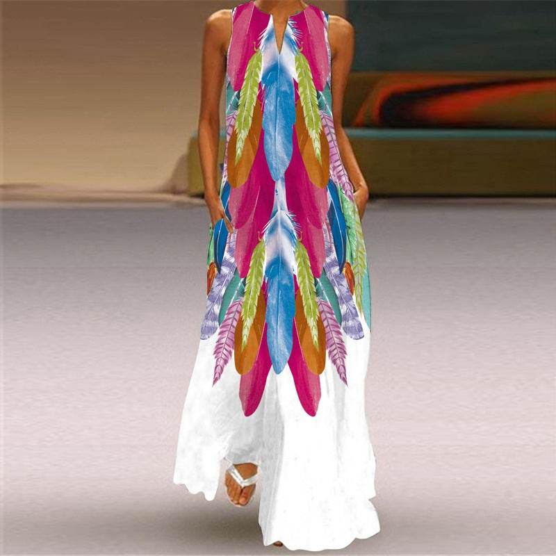 Digital Printed V-neck Maxi Dress - Sleeveless for Women in Vibrant Styles - Buy Center