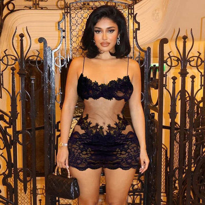 Lace Stitching See-Through Mesh Camisole Dress - Stylish Sling for Women - Buy Center