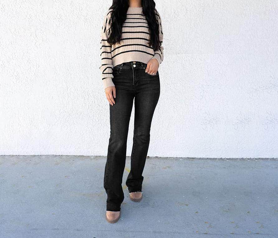 Buycenter Women's High Waist Jeans - Straight Leg, Double Button Design - Buy Center