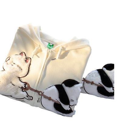 Cartoon Cat Zipper Sweater for Women - Casual Loose Fit Hoodie in Apricot - Buy Center