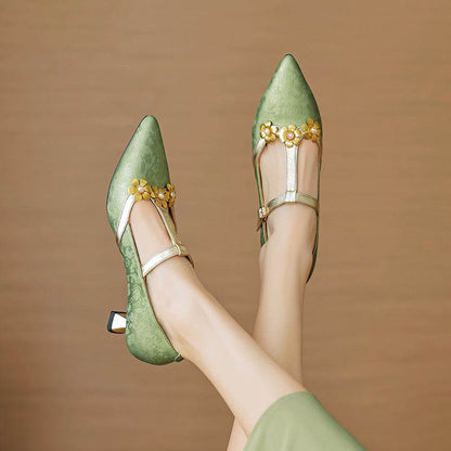 T-Shaped Flower Leather High Heel Pumps - Stylish Comfort for Every Occasion - Buy Center
