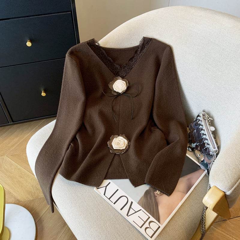 Buycenter Women's Lace V-neck Long Sleeve Knitwear - Slim Fit Pullover - Buy Center