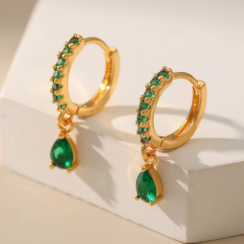 Vintage 18K Gold Circle Earrings with Emerald - Elegant Drop Style - Buy Center