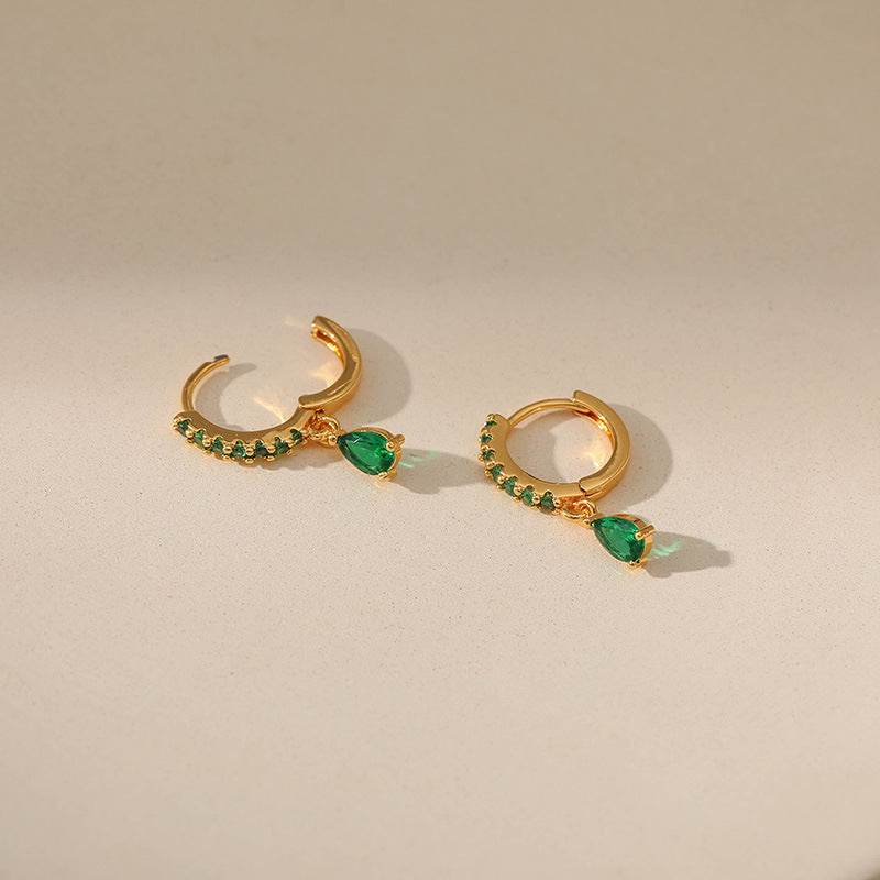 Vintage 18K Gold Circle Earrings with Emerald - Elegant Drop Style - Buy Center