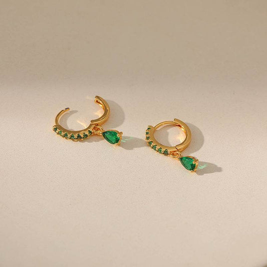 Vintage 18K Gold Circle Earrings with Emerald - Elegant Drop Style - Buy Center