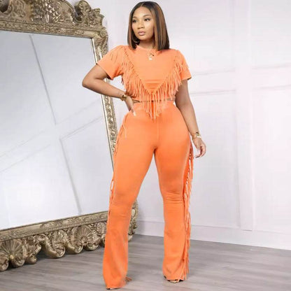 Buycenter Casual Tassel Top Wide Leg Pants Suit - Solid Color Set - Buy Center