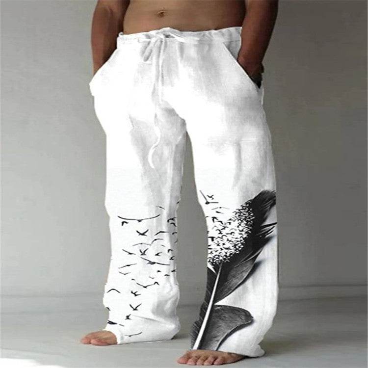 Men's Cotton Linen Printed Drawstring Trousers - Stylish Comfortable Fit - Buy Center