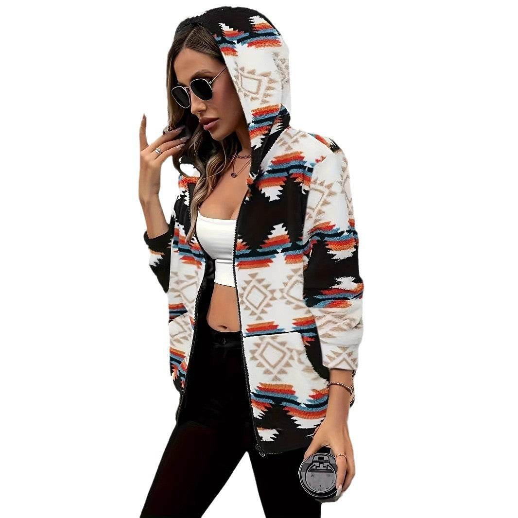 Buycenter Female Rhombus Color Contrast Fleece Coat - Stylish National Style - Buy Center