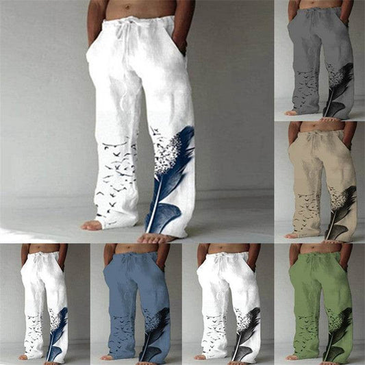 Men's Cotton Linen Printed Drawstring Trousers - Stylish Comfortable Fit - Buy Center