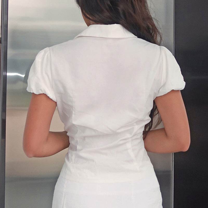 Buycenter Women's Puff Sleeve Polo Shirt - Solid Color Casual Top - Buy Center