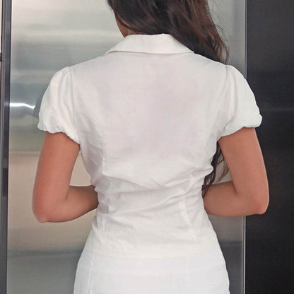 Buycenter Women's Puff Sleeve Polo Shirt - Solid Color Casual Top - Buy Center