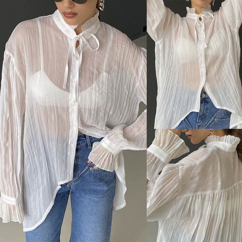 Loose Flared White Cotton Blazer - Trendy Bell Sleeve Fashion Top - Buy Center