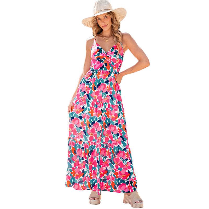 Buycenter Floral Print V-Neck Long Skirt Dress - High Waist Casual Style - Buy Center